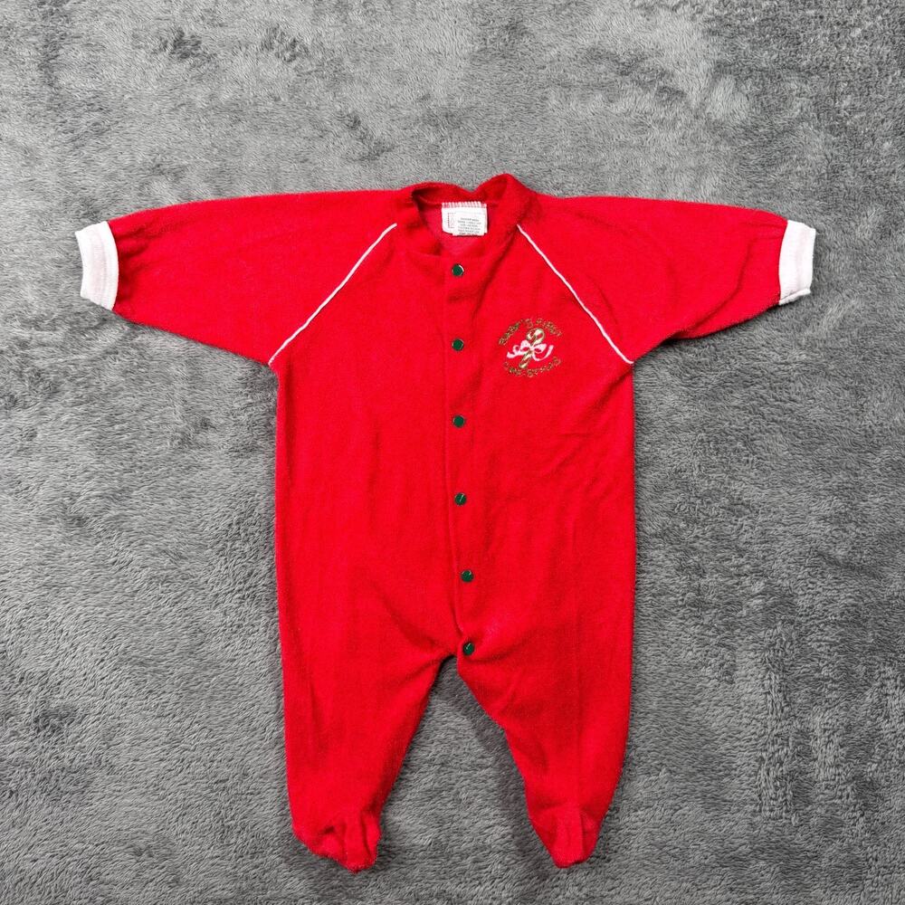 VTG 90s Babys First Christmas Jumpsuit One Piece M Red Fleece Knit USA Made